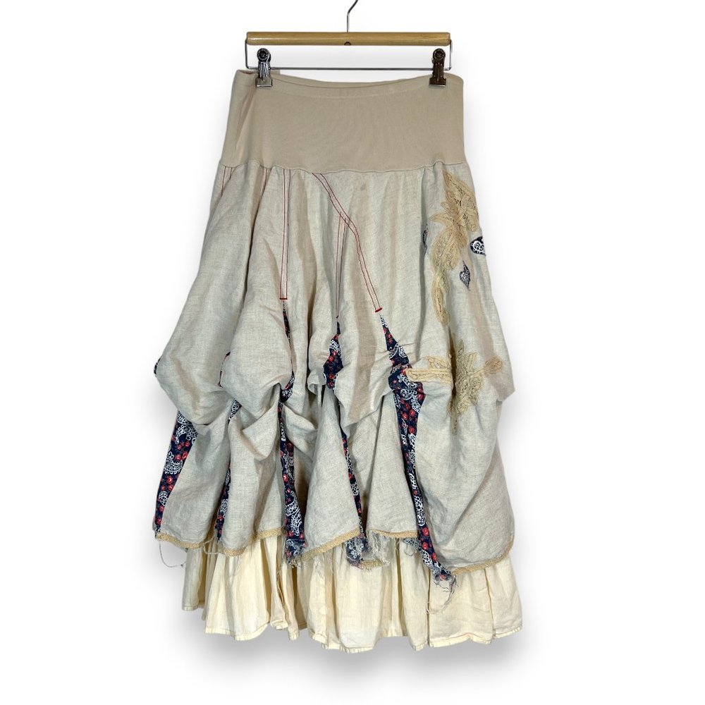 Vintage Free People Linen Rouched Skirt 6 Cream Applique Boho